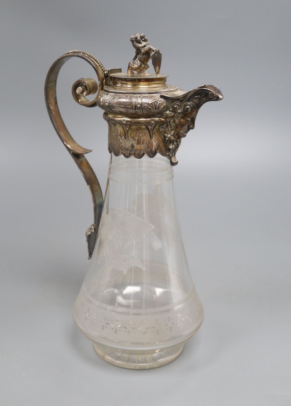 A Victorian silver mounted etched glass classical revival claret jug, by Henry Bourne, Birmingham 1875, 28cm